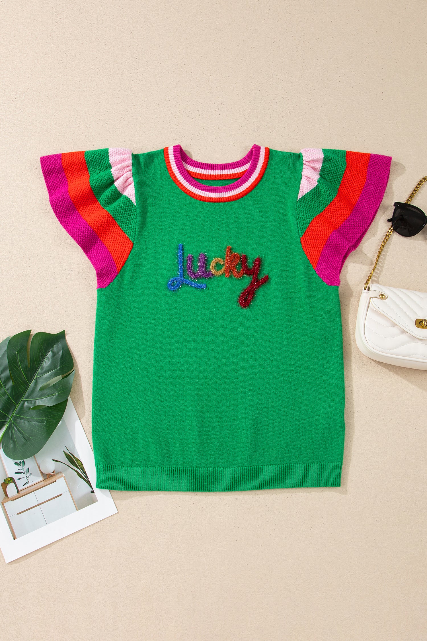 Bright Green Shiny Lucky Striped Flutter Sleeve Round Neck Sweater