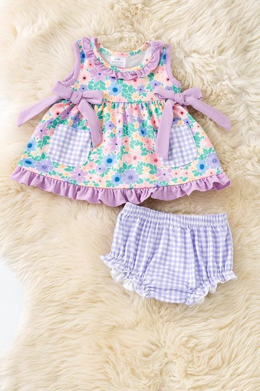 Girls Lilac Trim Floral Printed 2‑Piece Set with Gingham Pocket