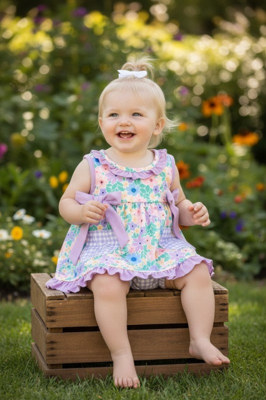 Girls Lilac Trim Floral Printed 2‑Piece Set with Gingham Pocket