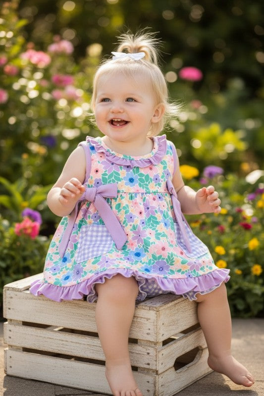 Girls Lilac Trim Floral Printed 2‑Piece Set with Gingham Pocket