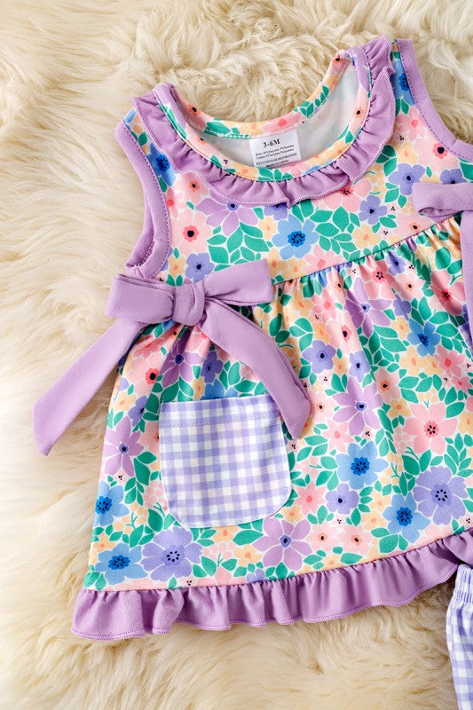 Girls Lilac Trim Floral Printed 2‑Piece Set with Gingham Pocket