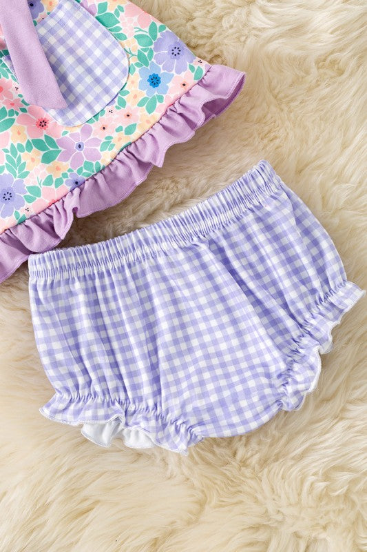 Girls Lilac Trim Floral Printed 2‑Piece Set with Gingham Pocket