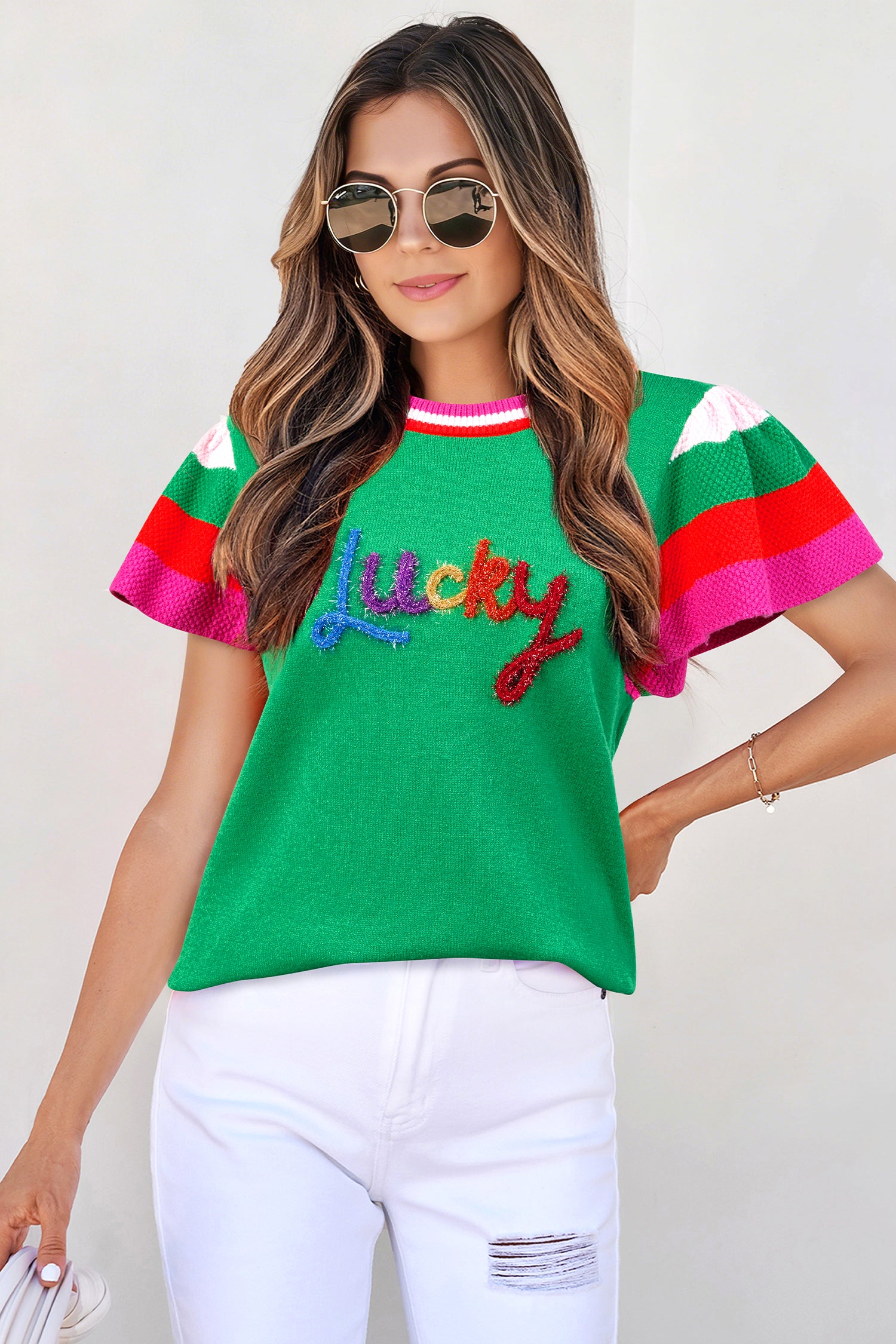 Bright Green Shiny Lucky Striped Flutter Sleeve Round Neck Sweater