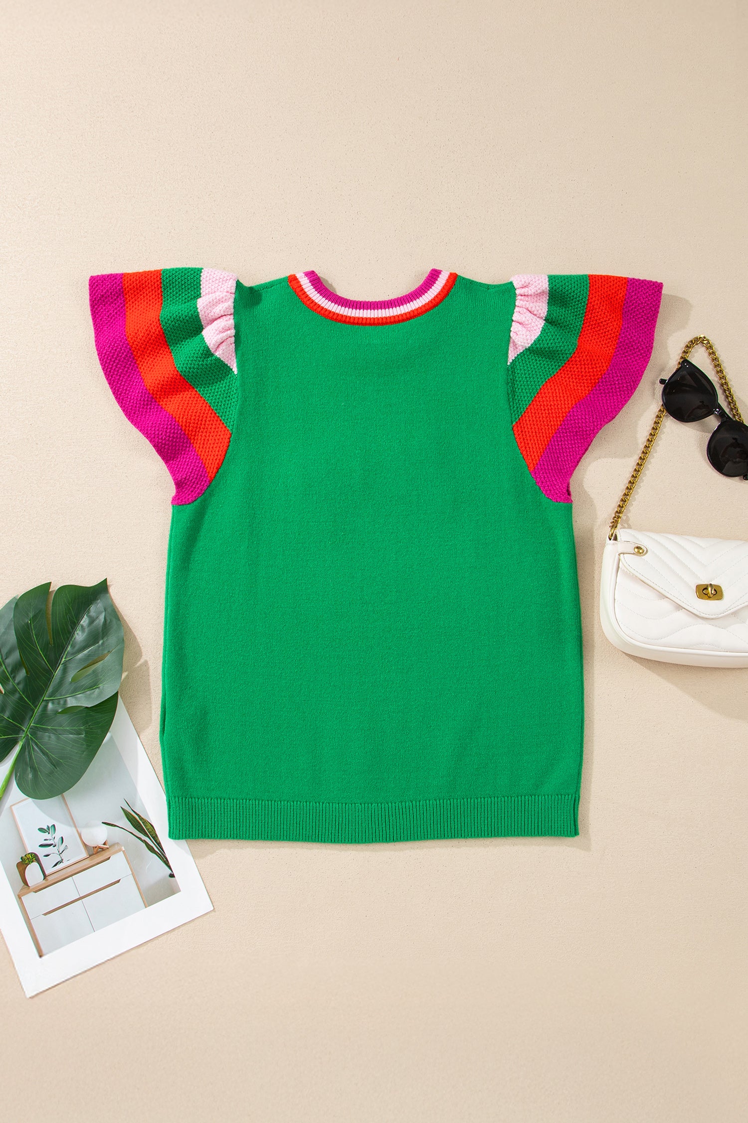 Bright Green Shiny Lucky Striped Flutter Sleeve Round Neck Sweater