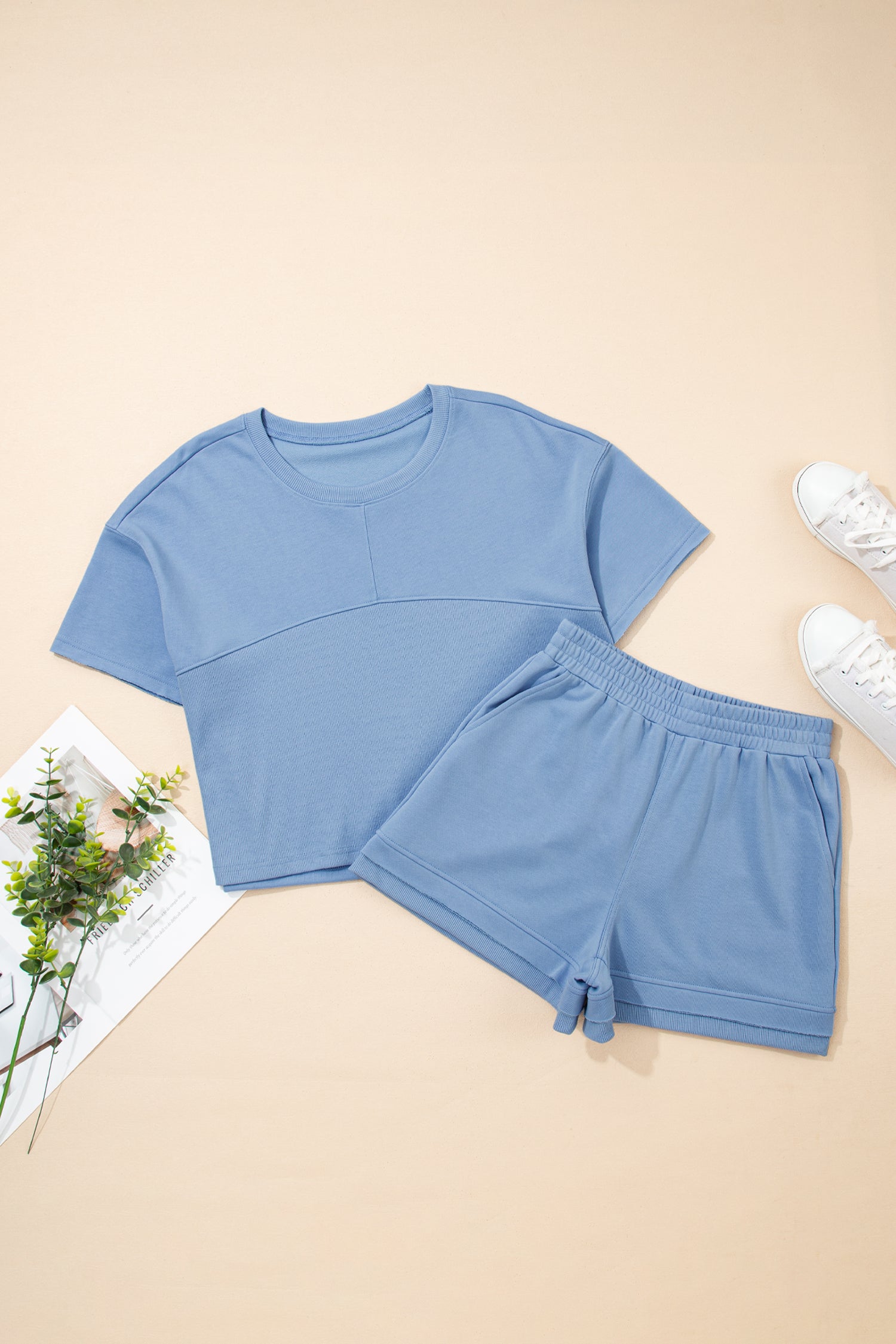 Jet Stream Solid Color Contrast Textured Patchwork Raw Edge 2pcs Short Set